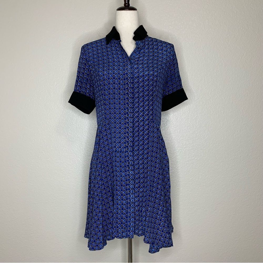 Olivaceous 100% Silk Blue Button Down Short Sleeves Dress, Sz Large